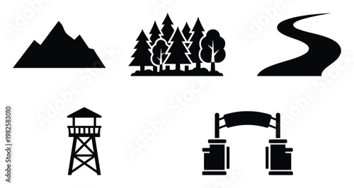 Outdoor nature icons depicting mountain peaks, dense forest, winding roads, an observation tower, and a park entrance, suitable for adventure and travel graphic designs.
