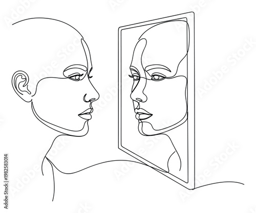 Minimalist continuous line drawing depicting a human profile gazing at its reflection in a mirror, symbolizing selfawareness and introspection for psychological or mindful growth themes.