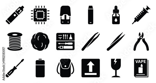 Comprehensive collection of vaping devices, eliquid accessories, and maintenance tools for electronic cigarettes, perfect for retail, instructional, or enthusiast content creation