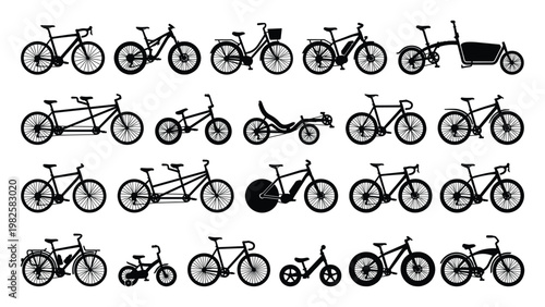 A comprehensive collection of diverse bicycle silhouettes, including road, mountain, electric, and cargo bikes, ideal for transportation, sports, and outdoor activity illustrations
