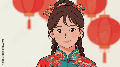 Traditional Chinese Girl in Festive Attire Illustration