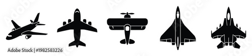 Various types of airplane icons, including passenger aircraft, prop planes, and fighter jets, presented as minimalist black silhouettes for aviation and travel industry graphic resources.