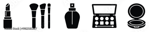 Cosmetic product glyphs for beauty applications including lipstick makeup brushes perfume eyeshadow palette and powder compact for graphic design and web interfaces