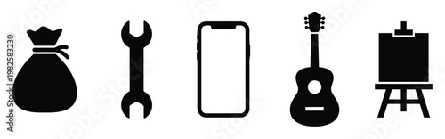 Versatile collection of black silhouette icons featuring a money bag wrench smartphone guitar and easel perfect for diverse digital applications