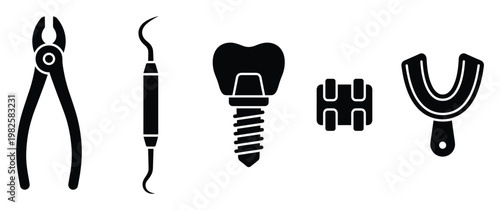 Comprehensive collection of essential dental tools and oral care instruments, including pliers, explorer, implant, braces, and impression tray, ideal for medical stock and educational