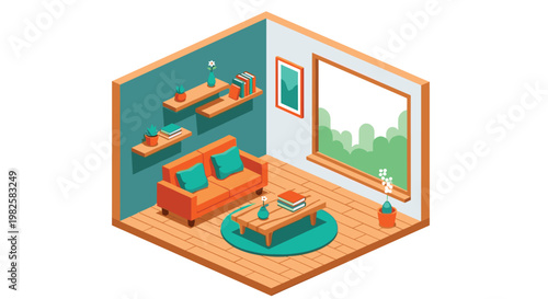 A modern isometric living room features a bright orange sofa and a teal accent wall complemented by warm wooden floors and minimalist wall shelves.