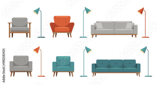 A clean flat vector collection of mid-century modern living room furniture featuring gray and teal sofas alongside orange armchairs and stylish floor lamps.