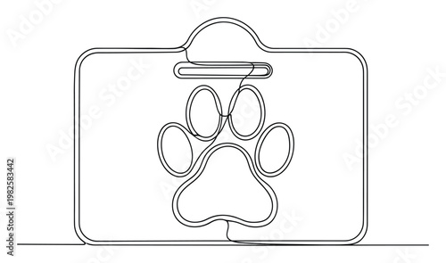 Continuous line drawing of an animal paw print enclosed in an identification tag holder, suitable for veterinary clinics, pet adoption centers, animal welfare promotions, and pet service