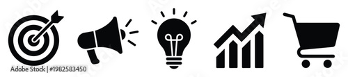 Versatile business and marketing vector icons illustrating target achievement, promotion, new ideas, financial growth, and ecommerce for presentations and digital projects