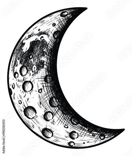 Stylized hand drawn crescent moon with craters and textured shading captures a celestial theme perfect for astronomy, mystical, or magical print and digital media projects