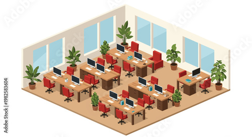 A spacious isometric office interior design featuring organized rows of wooden workstations with red ergonomic chairs and vibrant green potted plants near windows.