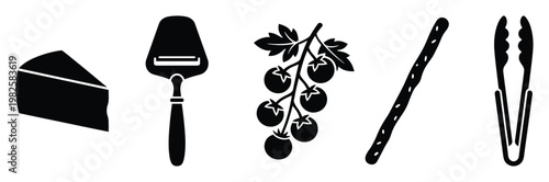 Food and kitchen utensil black silhouette icons including cheese, slicer, tomatoes, breadstick, and tongs for culinary product branding