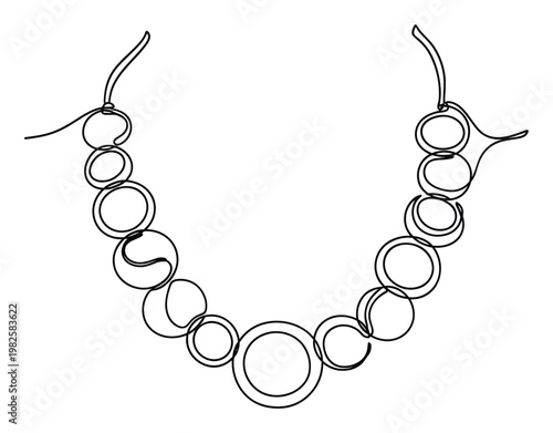 Minimalist continuous line drawing of an elegant beaded necklace, suitable for jewelry store branding, fashion accessory advertisements, or luxury product visuals.