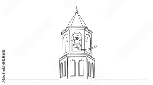 Continuous line drawing of a traditional bell tower featuring a clear spire and arched openings with a ringing bell, perfect for architectural concepts, historical themes, or educational