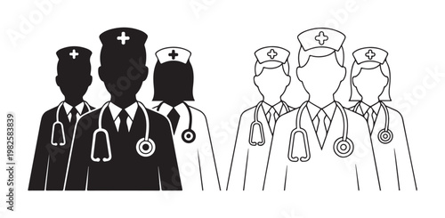 Medical staff group with doctors and nurses in uniform, diverse healthcare workers team in clinic.