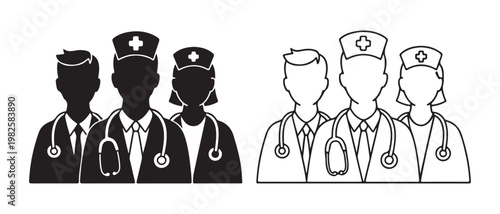 Medical team silhouettes and outlines, group of doctors and nurses in healthcare worker uniforms.