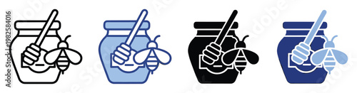 Honey jar with dipper and bee icon set perfect for food branding, product labeling, sweet shop menus, and healthy eating promotions.