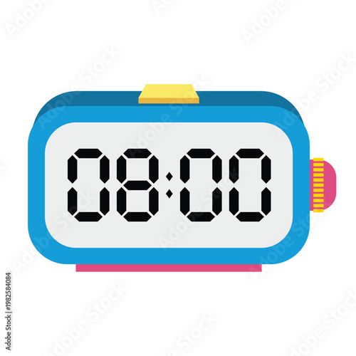 A colorful digital alarm clock displaying 8:00.