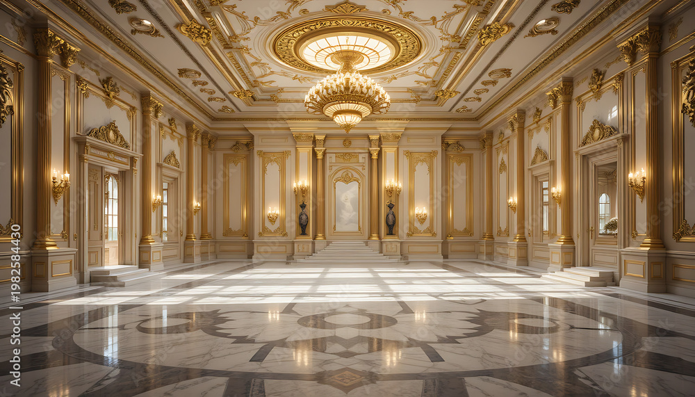 Fototapeta premium Luxurious gold and white ornate ballroom interior with marble floor and chandelier, isolated on white background