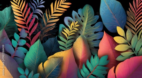 A vibrant and stylized composition of tropical foliage in a spectrum of colors against a dark background creates a visually striking and modern aesthetic.