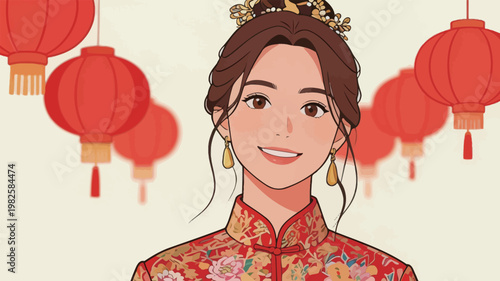 Young Woman in Traditional Chinese Dress with Lanterns