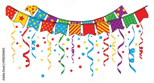 Vibrant festive party flags strung across the top with colorful falling confetti and curling streamers creating a joyful celebration for various event decorations and holiday promotions