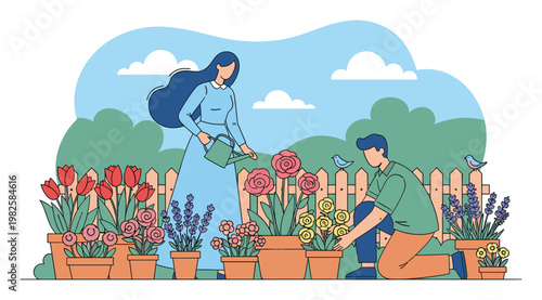 A happy couple tending their vibrant potted flowers in a blooming garden with a wooden fence and fluffy clouds, perfect for lifestyle blogs, hobby sites, and natureinspired content.