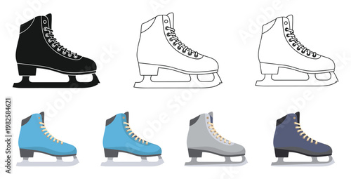 Versatile collection of ice skates featuring silhouette outline and colorful designs perfect for winter sports themes recreational activities and graphic design projects