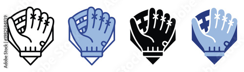Professional baseball glove and catchers mitt icon collection for sports game applications, athletic event signage, and digital graphic resource development.