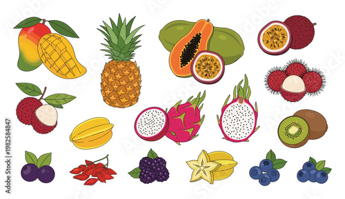 Vibrant collection of tropical and exotic fruits perfect for promoting healthy eating, natural nutrition, delicious recipes, and diverse culinary uses in food and healthrelated content