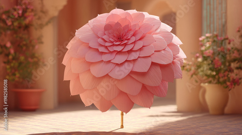 A large pink flower umbrella standing in a room with potted plants and neutral colored walls around it