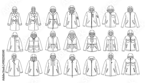 Comprehensive collection of hooded jacket and coat technical flat drawings suitable for clothing design, apparel development, and garment manufacturing specifications