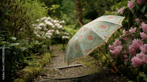 Floral umbrella resting on a path surrounded by green foliage and pink rhododendron flowers