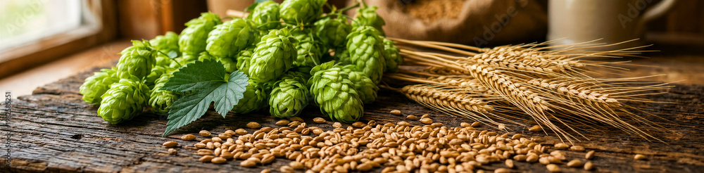 Obraz premium Fresh green hops, golden wheat stalks, and scattered wheat grains are beautifully arranged on a rustic wooden table, highlighting traditional beer brewing ingredients, showcasing natural