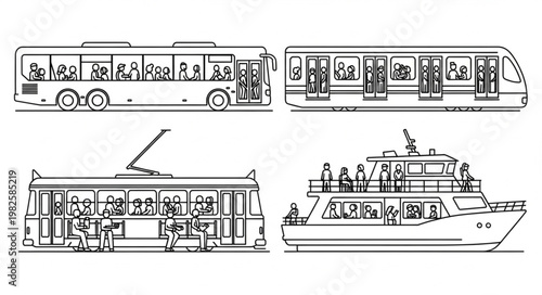 Transportation Vehicles - Bus, Train, Tram, and Boat in Detailed Illustration.