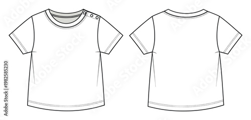 Detailed technical drawing of a short sleeve crew neck baby tshirt featuring shoulder snaps, perfect for childrenswear apparel design, production, and clothing manufacturing processes.