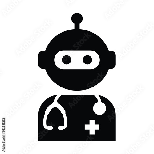 AI robot doctor icon with stethoscope and medical cross symbol representing healthcare assistance and digital medical support.