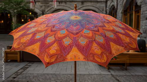 A vibrant umbrella with intricate patterns standing outdoors on a cobblestone surface near buildings