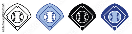 Versatile baseball field and ball icons representing the beloved American sport, perfect for use in various sportsrelated graphic designs, mobile applications, and web interfaces for