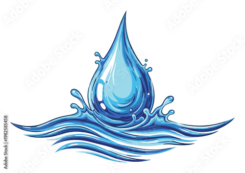 Dynamic blue water droplet splashing with lively waves representing purity and freshness ideal for ecological campaigns and beverage product branding