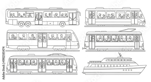 Transportation Vehicles - Detailed Line Art Illustrations of Buses, Trams, and a Boat.