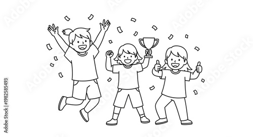 Triumphant children celebrating victory with trophy and confetti.