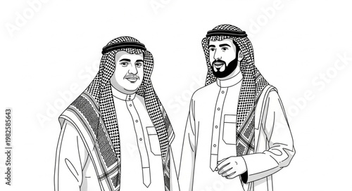 Two Arab men in traditional attire, black and white illustration.