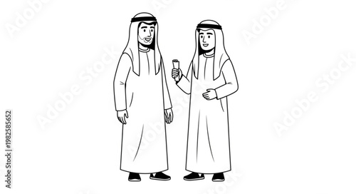 Two Arab men in traditional attire, conversing and interacting.