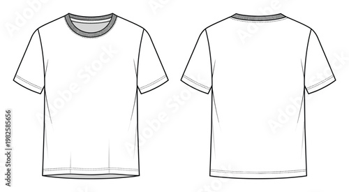 Blank white short sleeve tshirt technical drawing displaying front and back views with ribbed crew neck collar ideal for clothing brand mockups garment specifications and production