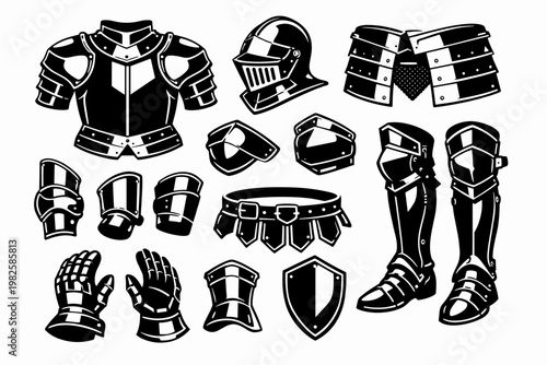 Black and White Vector Illustration of Medieval Knight Metal Armor Plates Set Featuring Helmet, Cuirass, Gauntlets, Greaves, and Shield. Simple Flat Design for History, Gaming, and Warrior Art.
