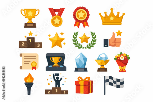 Flat vector icons set for awards and recognition featuring trophy, gold medal, crown, star, podium, laurel wreath, certificate, torch, and winner symbols for success, achievement, and competition.
