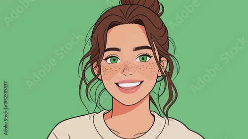 Happy Young Woman with Freckles and Bun Hairstyle