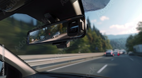A dashcam is mounted on a car's rearview mirror, capturing a blurred highway scene.