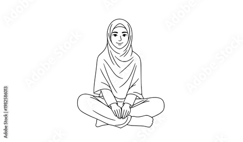 Happy Muslim hijab girl sitting outline vector illustration isolated on white background minimal line art female character